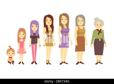 Women generation at different ages from infant baby to senior old woman. Daughter granddaughter and grandmother. Vector illustration Stock Vector