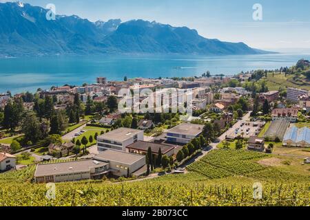 Montreux, Vaud Canton, Switzerland.  Suburban Montreaux.  Suburb on shore of Lake Geneva, or Lac Leman. Stock Photo