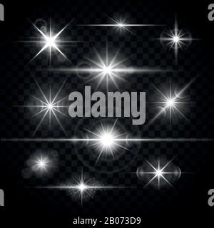 Lens flares glare lighting effects vector set. Shiny stars isolated on checkered background illustration Stock Vector