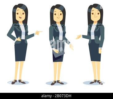 Funny businesswoman cartoon character in different poses for business presentation. Professional manager young lady in formal suit. Vector illustration Stock Vector