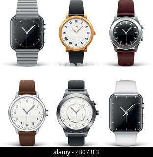 Classic watches isolated on white vector set. Wristwatch silver and gold illustration Stock Vector