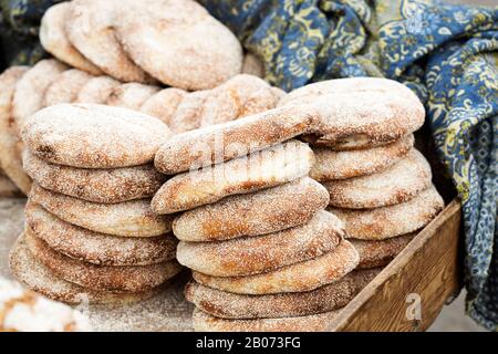 Typical traditional Moroccan flatbread  on street food stall, Marrakesh, Morocco Stock Photo