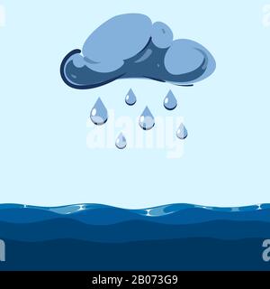 Vector cloud with falling rain sea. Marine weather rainy illustration Stock Vector