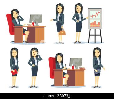 Office businesswoman in various situations vector characters cartoon flat set. Woman worker busy illustration Stock Vector