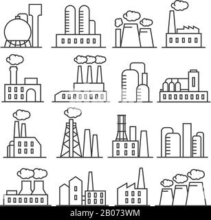 Factory and plant thin line vector icons. Industrial building for production and manufacture illustration Stock Vector