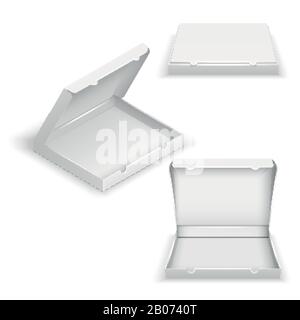 Realistic 3d empty pizza boxes isolated on white vector illustration. Mockup empty container for storage food Stock Vector