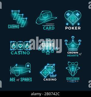 Vintage neon poker tournament and casino vector icons. Logo for casino club illustration Stock Vector