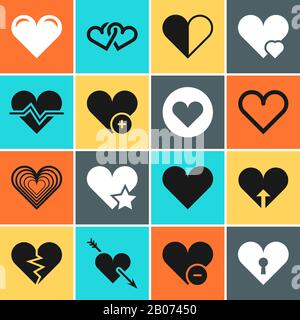 Vector heart icons for wedding and valentines day invitation cards. Heart with arrow keyhole star and broken, variety of web hearts icons Stock Vector