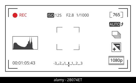 Camera viewfinder focusing screen display with photo camera control icons vector. Template of frame screen with setting for video and photography illustration Stock Vector