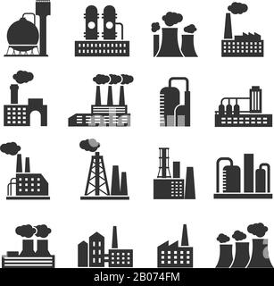 Industrial factory and plant buildings vector icons set. Silhouette of power manufactory illustration Stock Vector