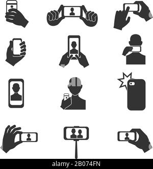 Selfie photo vector icons set. Photography with use smartphone and stick illustration Stock Vector