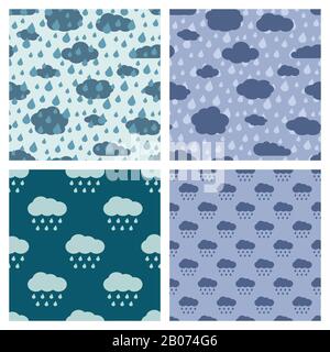 Rainy weather vector seamless patterns. Set of background with rain illustration Stock Vector