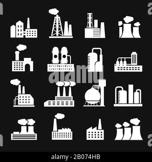 Industry manufactory buildings factory and plant silhouettes vector icons. Industry manufacturing and power factory illustration Stock Vector