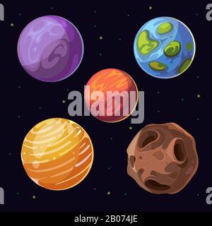 Cartoon alien planets, moons asteroid on space background. Cartoon ...