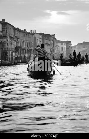 City of Venice, Italy, Europe. Black & White image of several Gondolas on Grand Canal. Later afternoon in November Stock Photo