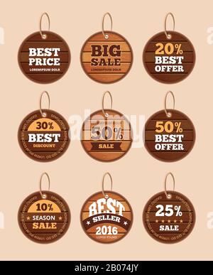 Wooden sale discount vector vintage badges, banners, stickers, labels set. Tag with special offer and discount illustration Stock Vector
