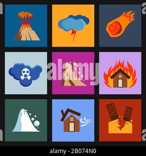 Flat disaster, damage vector icons. Volcano and meteorite, poisonous cloud and rockfall illustration Stock Vector