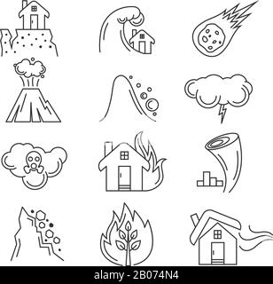 Natural disaster icons. Earthquake and tornado, hurricane and tsunami, vector illustration Stock Vector