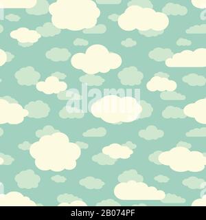 Blue sky and cute white clouds seamless pattern in retro colors. Vector illustration Stock Vector