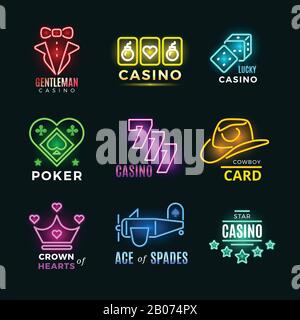 Neon light poker club and casino vector signs set. Fortune and risk, illumination logotype illustration Stock Vector