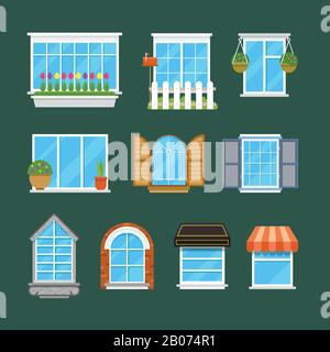 Windows with window sills curtains flowers balconies flat vector set. Variety plastic architectural windows illustration Stock Vector