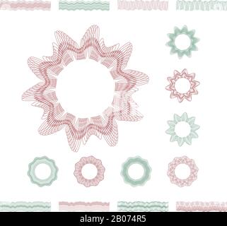 Guilloche engraving lines, money security borders vector decorative elements. Watermark for banknote protection illustration Stock Vector