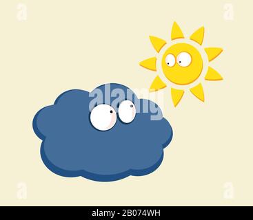 Funny cartoon sun and cloud looking. Cute character in sky, vector illustration Stock Vector