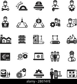 Engineering manufacturing industrial vector icon set. Process conveyor mechanical, operation automatic processing illustration Stock Vector