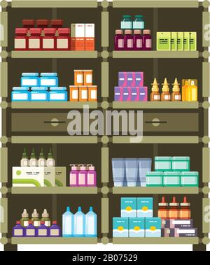 Pharmacy shelves with medical box and bottles for drugs flat vector concept. Illustration of vitamin and antibiotic for medication Stock Vector