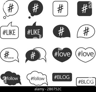 Hashtag post social media vector icons set. Like and follow, love tag illustration Stock Vector