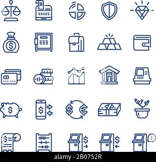 Money finance payments business vector thin line icons set. Banking technology, exchange currency illustration Stock Vector