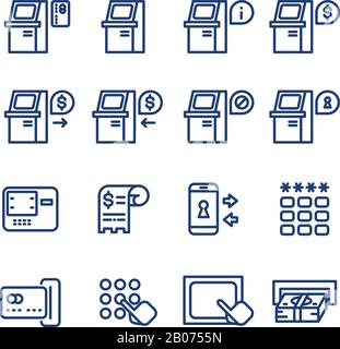 Atm terminal vector thin line icons set. Money and banking service, finance payment transaction illustration Stock Vector