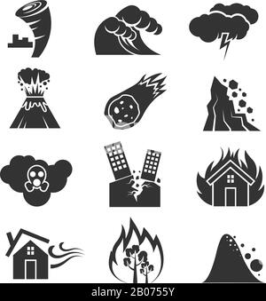 Fire and tsunami, snow storm and tornado, hurricane and earthquake disaster vector icons. Volcano and meteorite, rockfal and poisonous cloud illustration Stock Vector