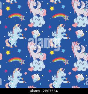 Cute unicorns, clouds, rainbow magic wand. Vector seamless pattern background for holiday birthday illustration Stock Vector