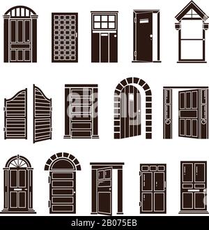 Open and closed door black vector icons set. Entrance to home or doorway to office illustration Stock Vector