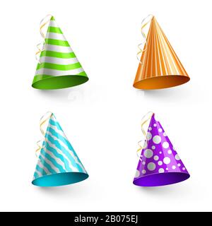 Vector child party hats isolated on transparent checkered background. Hat in form cone for birthday event illustration Stock Vector