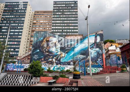 BOGOTA, COLOMBIA - February 11, 2020: Wall covered with graffiti at La Candelaria in Bogota, Colombia. Stock Photo