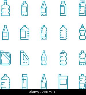 Plastic bottles line vector icons set. Container for beverage or milk, jerrycan in linear style for oil illustration Stock Vector