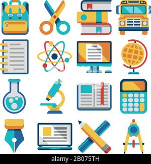 School and education flat vector icons set isolated on white Stock Vector