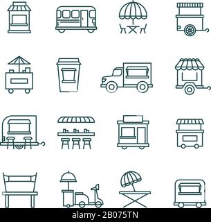 Street food retail, food truck line vector icons. Facade mobile cafe and restaurant illustration Stock Vector
