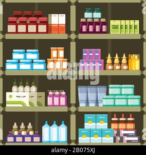 Pharmacy shelves with pills and drugs medicine boxes vector seamless pattern. Background apothecary, capsule in pack for health illustration Stock Vector