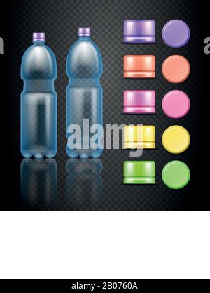 Vector empty plastic water drink bottles with set of multicolored caps. Colored caps for water bottel illustration Stock Vector