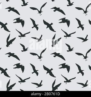 Vector seamless pattern with flying birds. Black raven silhouette illustration Stock Vector