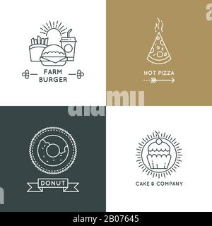 Fast food restaurant and cafe vector logo set in linear style. Farm burger nad hot pizza illustration Stock Vector