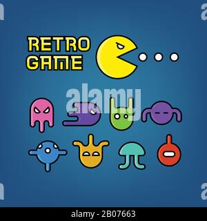Pac man and ghosts for arcade computer game vector. Set of character retro monster illustration Stock Vector