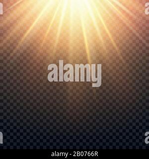 Realistic transparent yellow sun rays, warm orange flare effect isolated on checkered background. Sunshine from star, sunbeam bright illustration Stock Vector