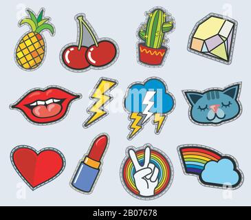 Cartoon patch badges vector stock. Peace and love, cactus and cherry illustration Stock Vector