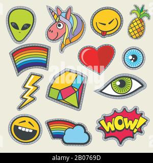 Patch girl tshirt pocket print vector icons. Heart and diamond, alien and unicorn Stock Vector