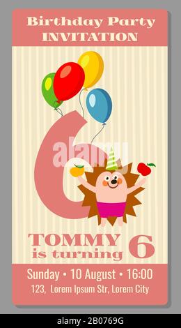 Kids birthday party invitation card with funny hedgehog. Vector illustration Stock Vector