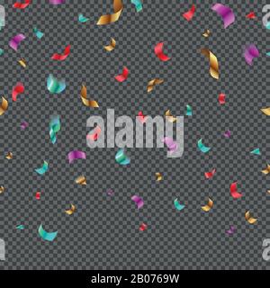Falling shiny paper confetti pieces isolated on checkered background. Seamless pattern with colored bright paper vector illustration Stock Vector